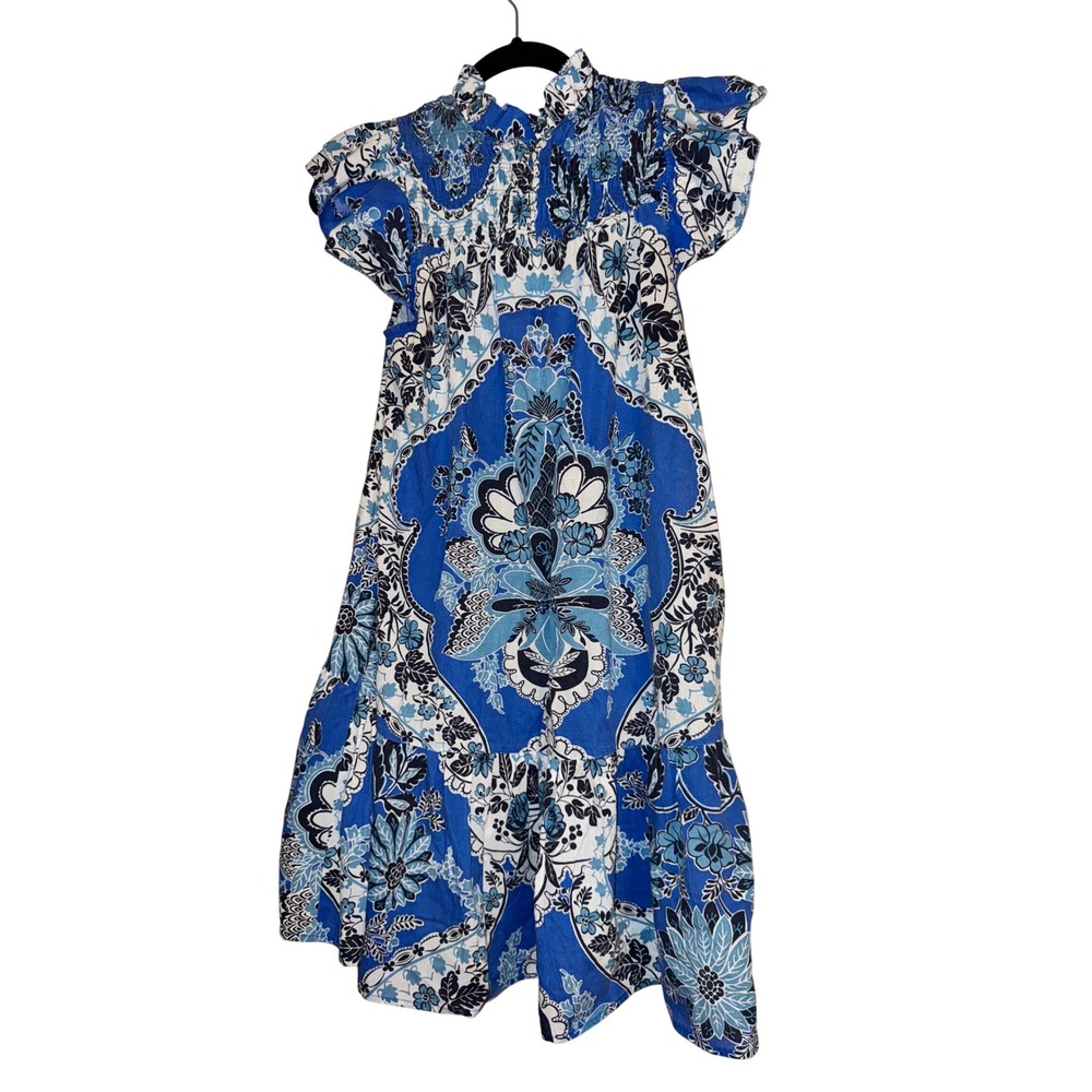 Love the Label Dress XS Blue White Floral Smocked Neck Ruffle Sleeve - Picture 4 of 5